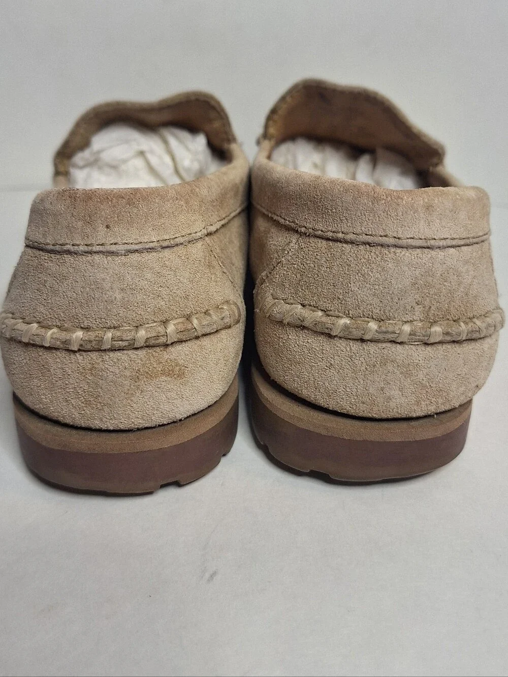 Vintage Eddie Bauer Wmns 7.5W Sand Suede Leather Driving Loafers Slip On Comfort